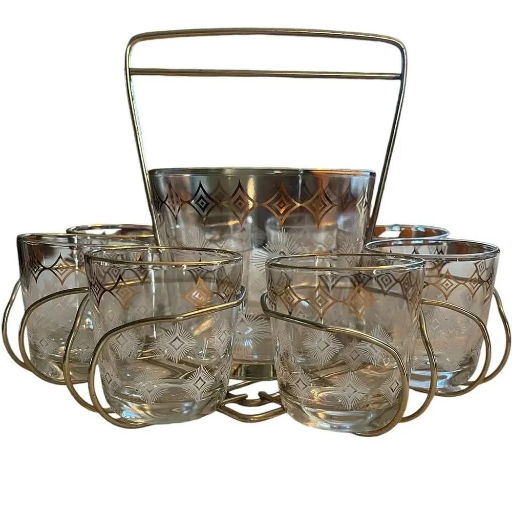 Jeannette Glass Atomic 10 Piece MCM Vintage Bar Set Glasses Ice Bucket Carrier